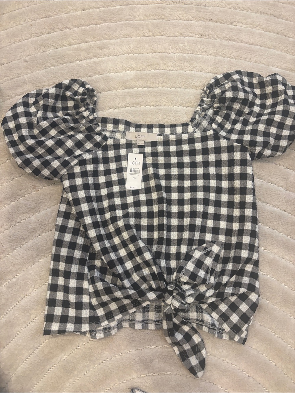 LOFT Black and White Gingham Puff-Sleeve Tie-Front Blouse xs with tags